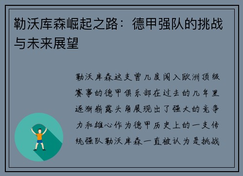 勒沃库森崛起之路：德甲强队的挑战与未来展望