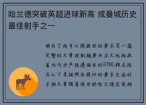 哈兰德突破英超进球新高 成曼城历史最佳射手之一