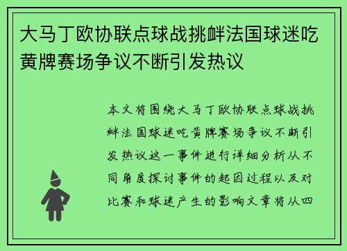 大马丁欧协联点球战挑衅法国球迷吃黄牌赛场争议不断引发热议